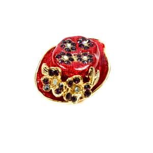 Red Hat Society Guilloche Style Enamel Brooch with Rhinestone Floral Groupings